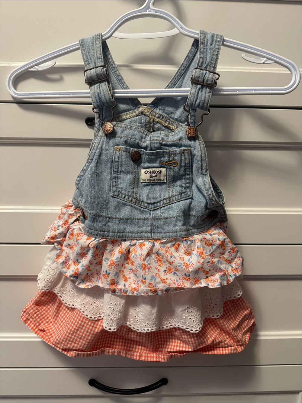 OshKosh B’gosh Toddler Dress • 3T • Denim Overall Top w/ Tiered Floral Eyelet